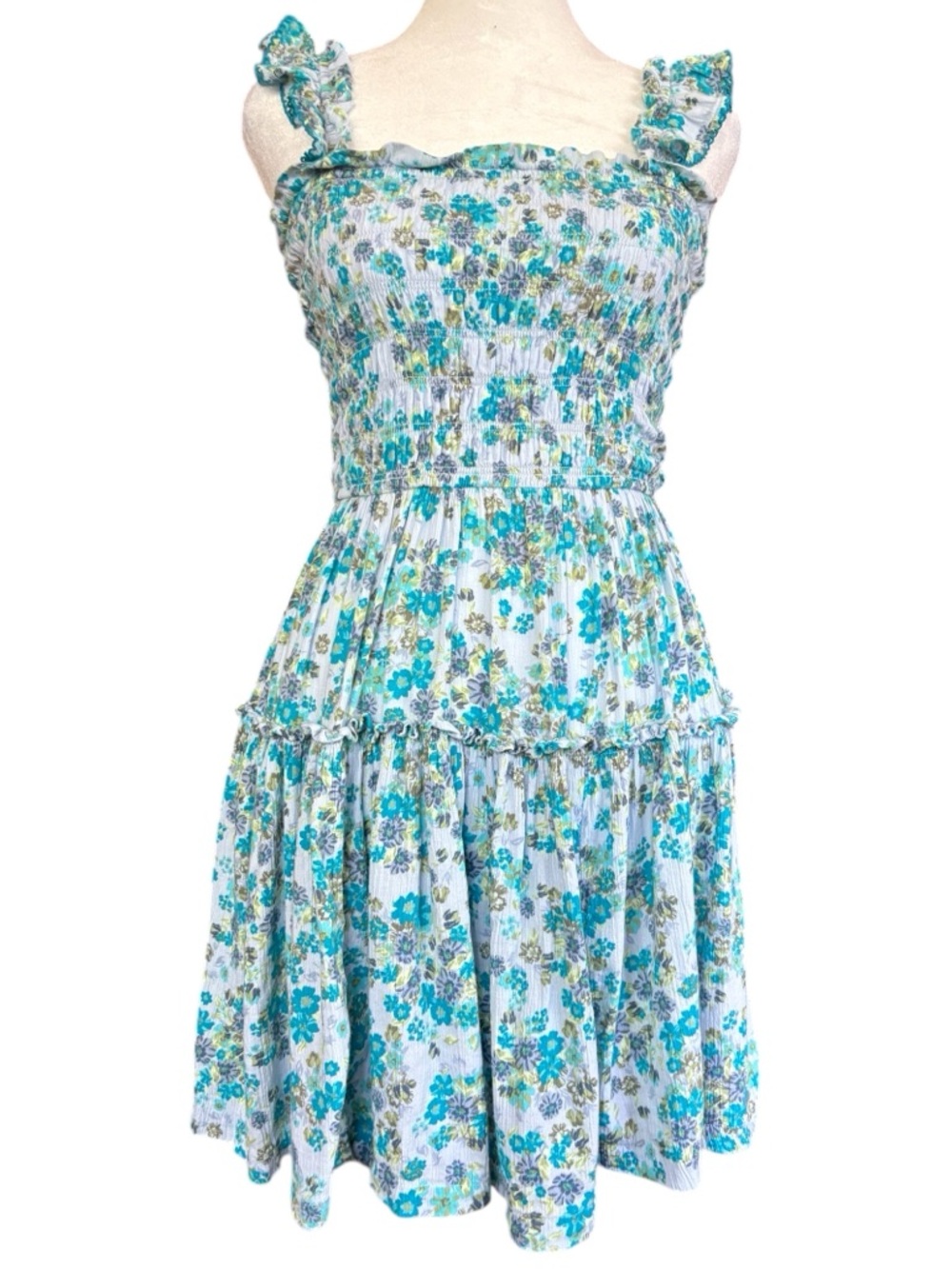 Aeire Floral Smocked Sundress- Blue and Green Floral Mini Dress size medium